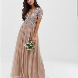 Maxi Tulle Dress with Sequins in TAUPE BLUSH.